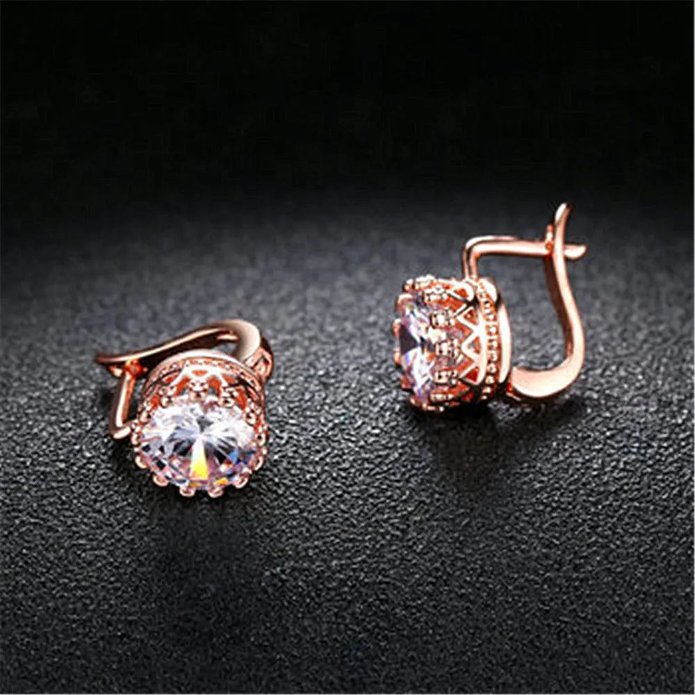 Korean retro crown clip-on earrings with rhinestone detail in rose gold and white gold colours