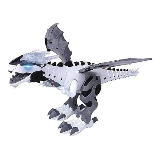 Remote control dinosaur robot in green or white with handheld remote, swinging tail, missile launch, voice and touch interaction