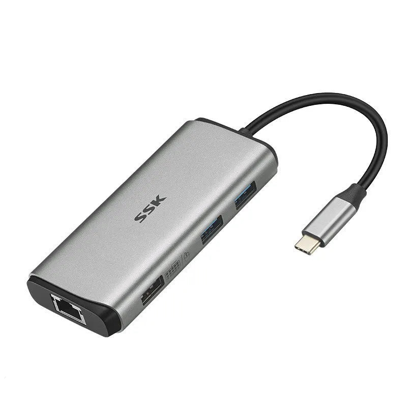 Grey 11-in-1 USB-C hub adapter with HDMI, VGA, Ethernet, USB ports, and a short connecting cable