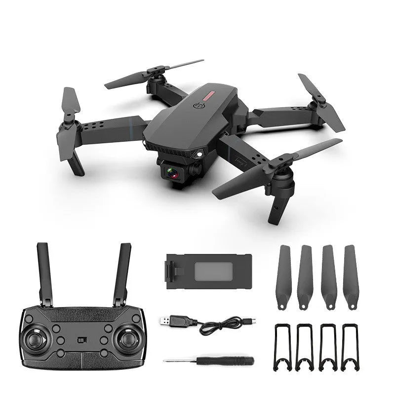 Grey foldable 4K dual camera aerial drone with remote controller and accessories
