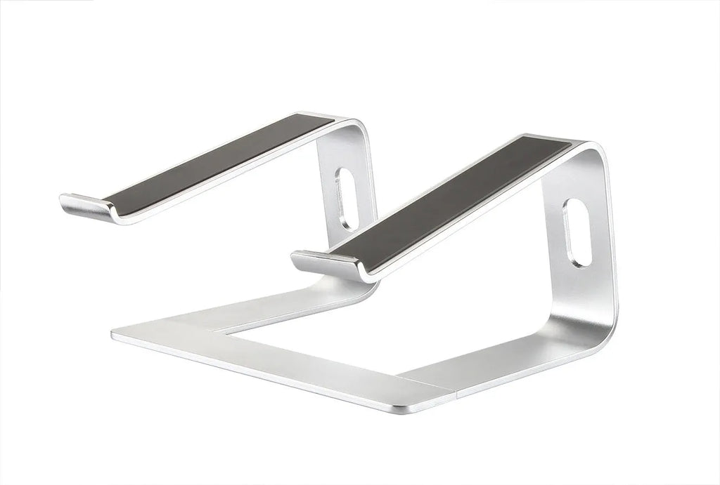 Aluminium alloy notebook cooling bracket in black on a desk with a laptop placed on it