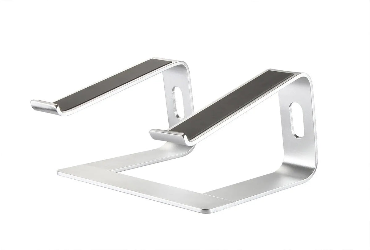 Aluminium alloy notebook cooling bracket in black on a desk with a laptop placed on it