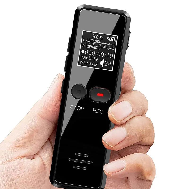 Black zinc alloy USB voice recorder and MP3 player showing LCD screen and USB connector