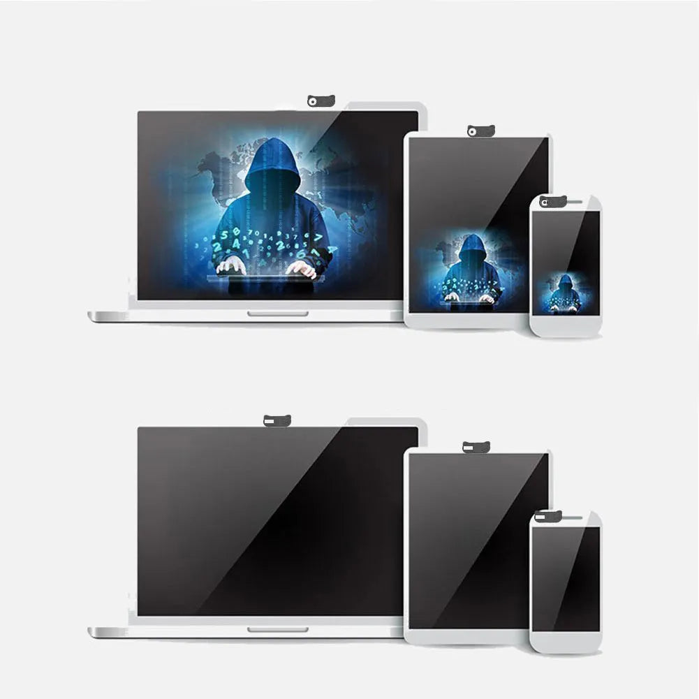 Black plastic webcam privacy cover with sliding shutter, 18mm x 9mm, for laptop tablet phone