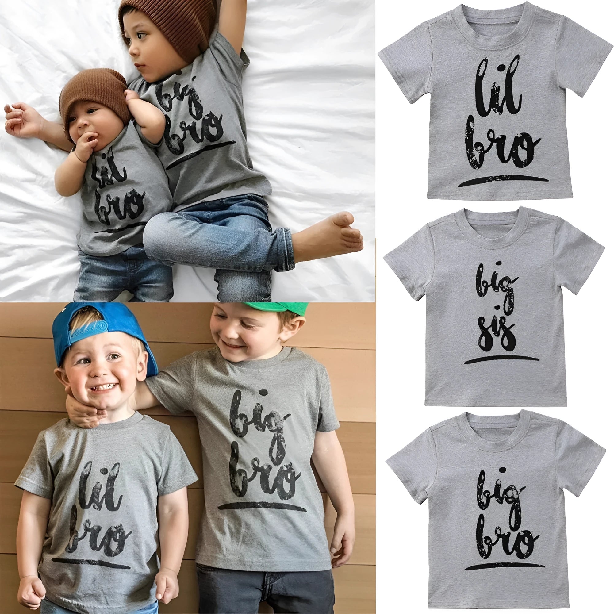 Grey cotton printed t-shirt showing size options from 60cm to 140cm on a size chart