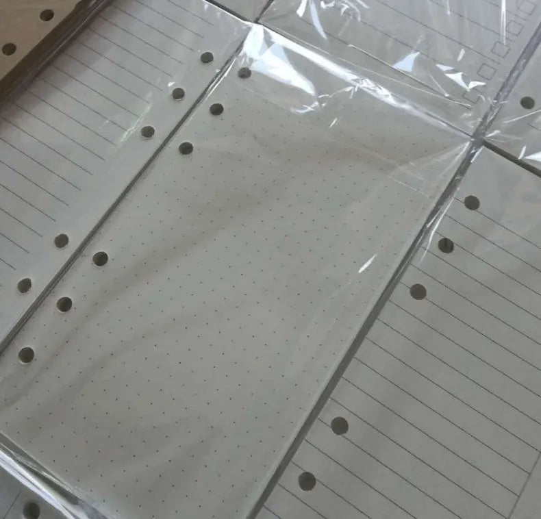 A5 notebook replacement core showing dot grid and weekly planner pages beside ruler showing 210mm measurement