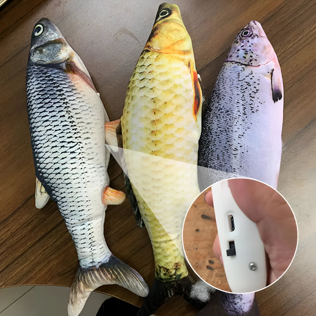 Multicolour electronic jumping fish cat toy with USB cable, measuring 30cm.