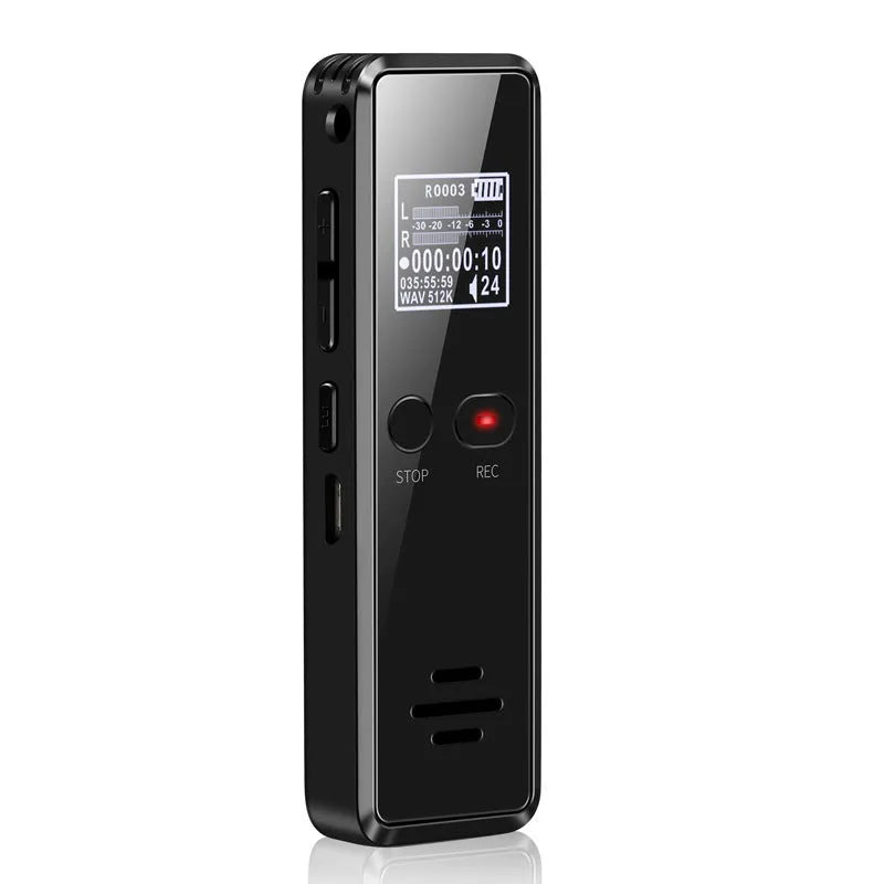 Black zinc alloy USB voice recorder and MP3 player showing LCD screen and USB connector