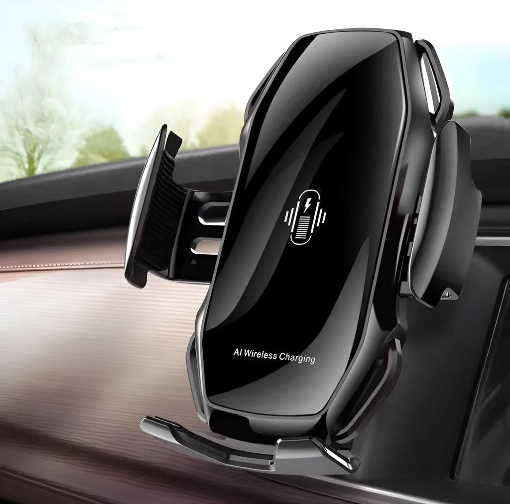 A car phone holder with USB charging port in black, blue, gold, and red colour options.