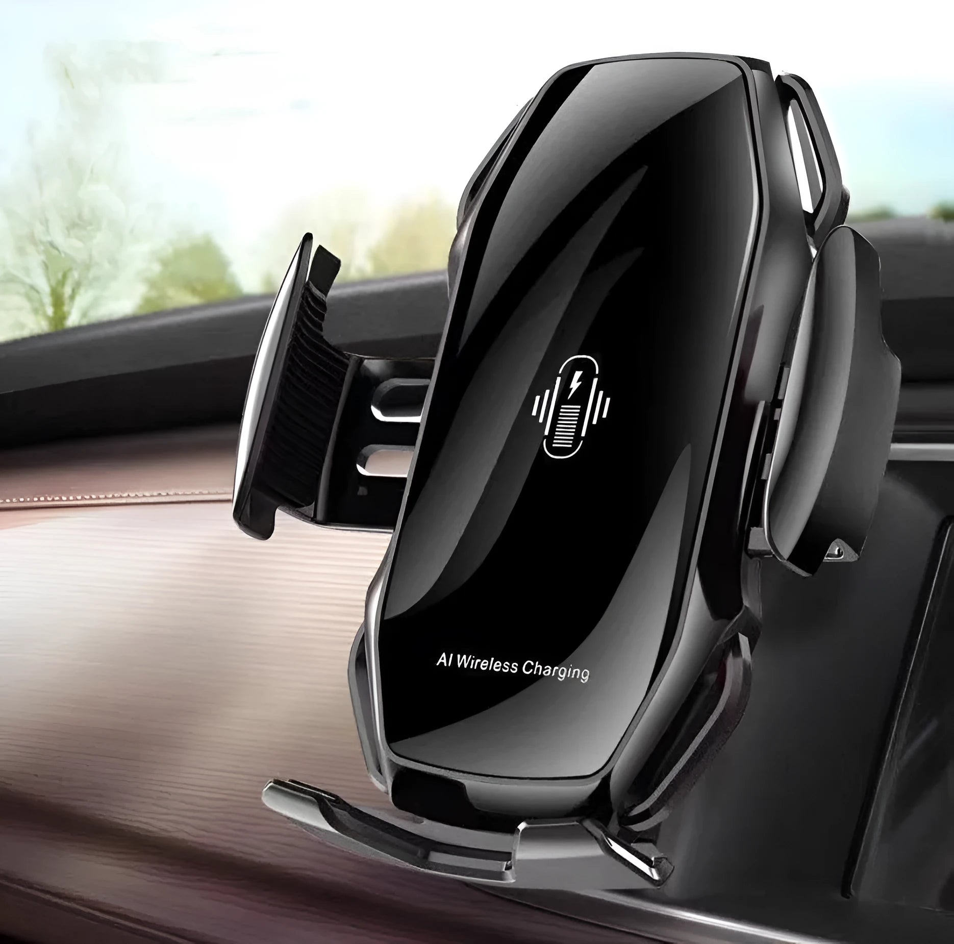 A car phone holder with USB charging port in black, blue, gold, and red colour options.