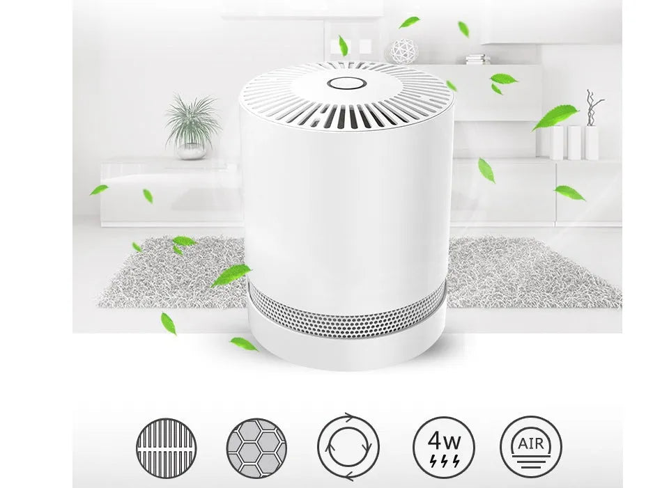 White compact desktop air purifier with front grille, dimensions 175x175x220mm, on a wooden desk