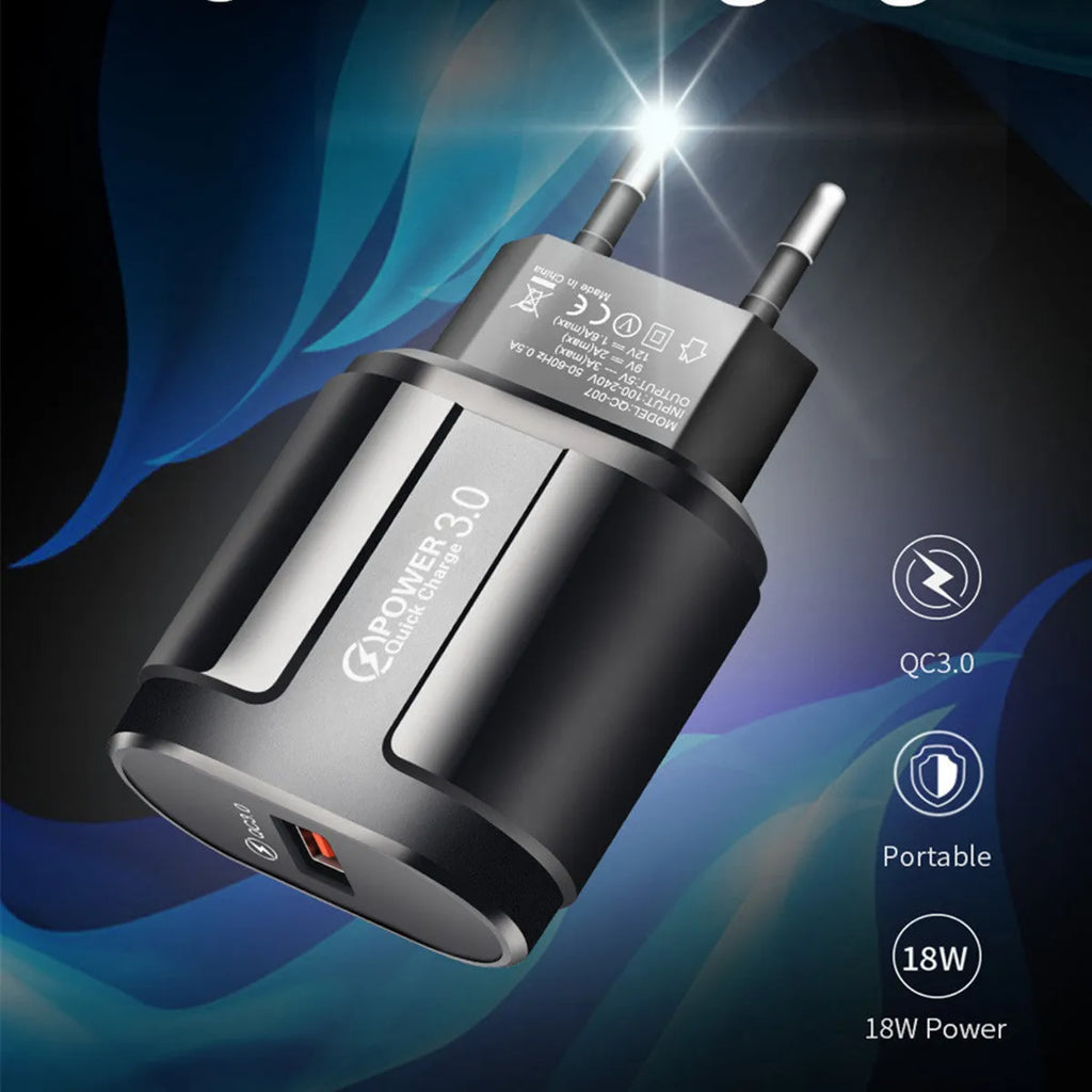 Compact black and white mobile phone chargers with EU UK US adapter options