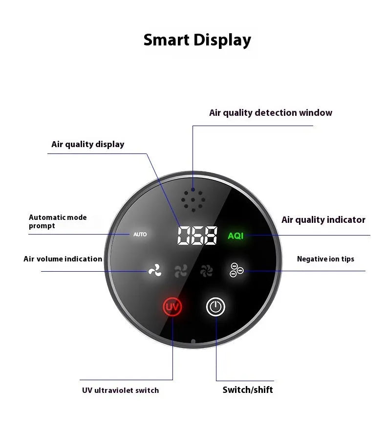 Black compact car air purifier with USB cable for formaldehyde removal and anion generation.