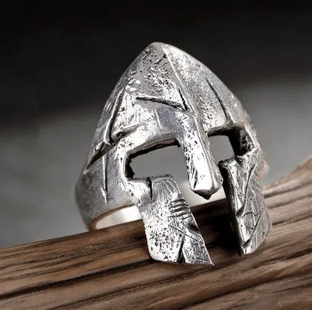 Spartan hero helmet mask copper ring in Ancient silver finish on finger