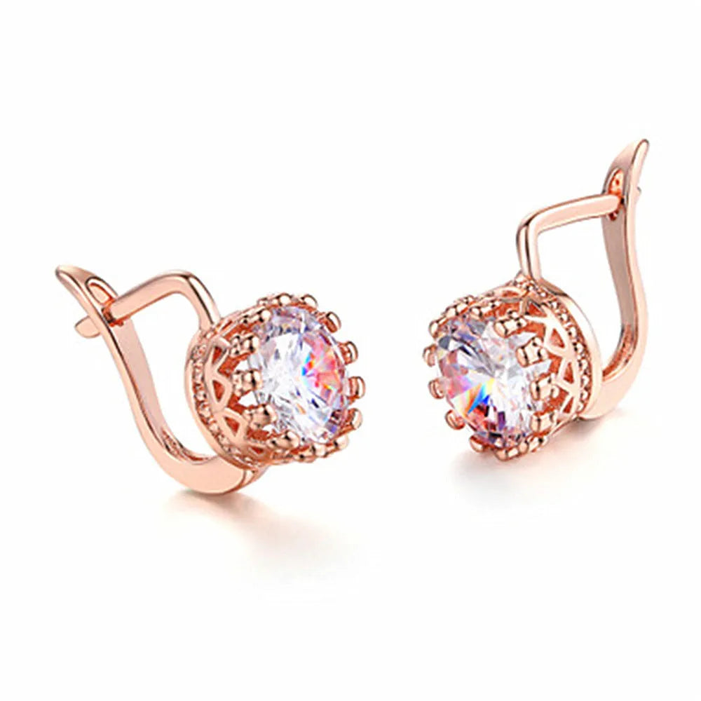 Korean retro crown clip-on earrings with rhinestone detail in rose gold and white gold colours