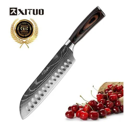 7Cr17 stainless steel kitchen knife with Damascus patterned 18 cm blade and coloured wood handle