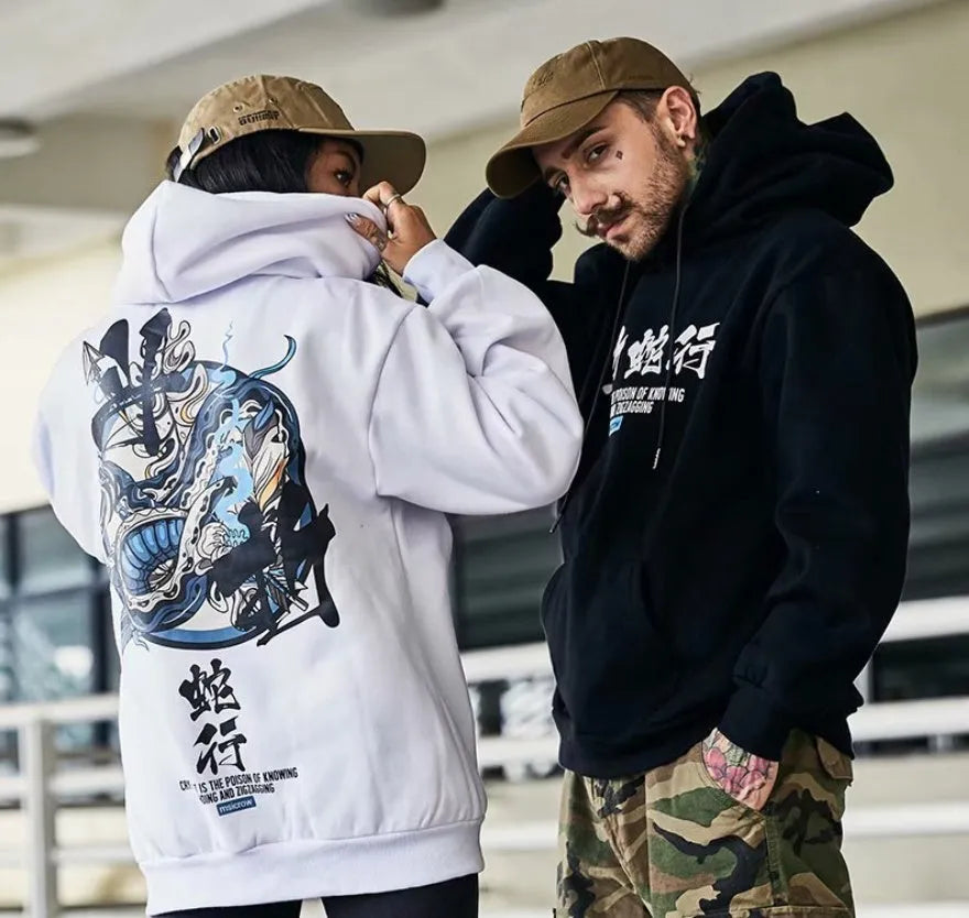 Men's Chinese letter printed loose fit cotton hooded sweatshirt in black