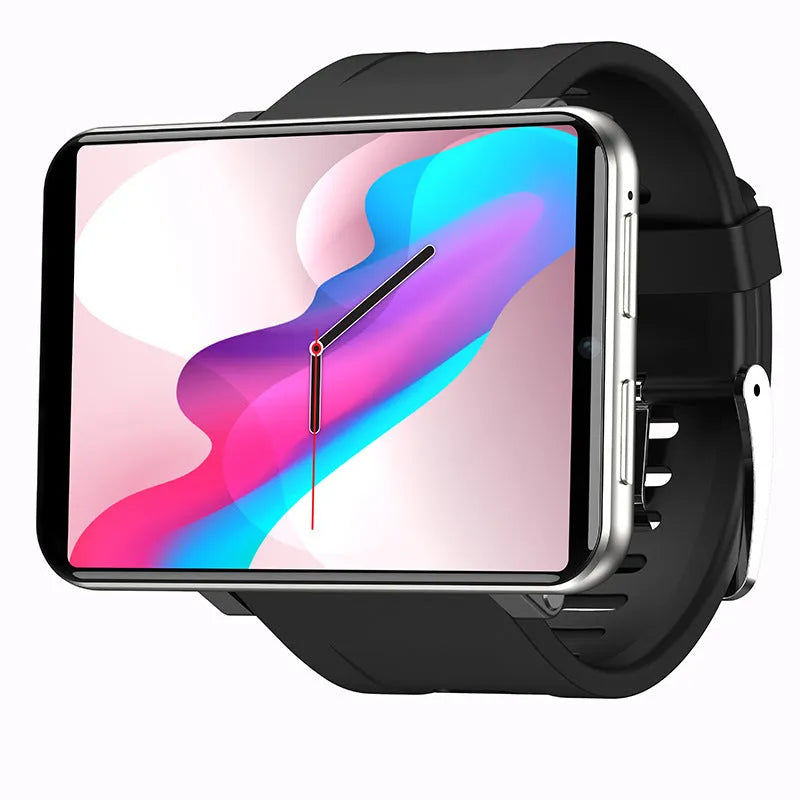 Black GPS camera watch with touch screen and TPU strap on wrist against a neutral background