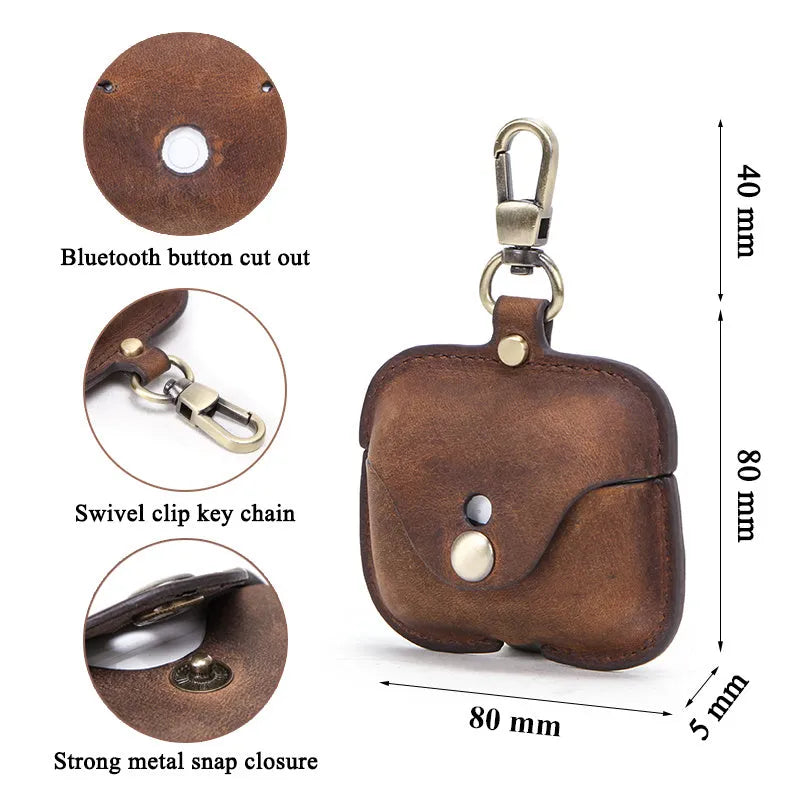 Brown leather AirPods Pro clamshell cover with vintage crazy horse pattern texture
