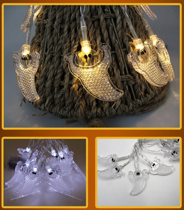 Halloween LED string lights with bat, ghost, pumpkin, and spider pendants on a 1.2 metre white wire.
