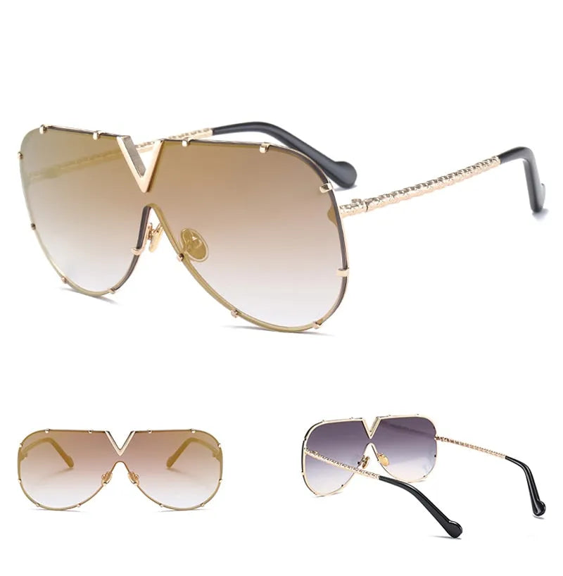 Frameless rivet sunglasses with metal retro punk frame and UV400 PC lenses in blue film colour