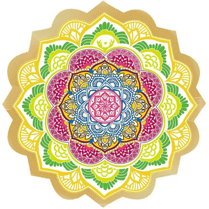 Round polygon printed tassel bath towel yoga mat in blue with 150cm diameter