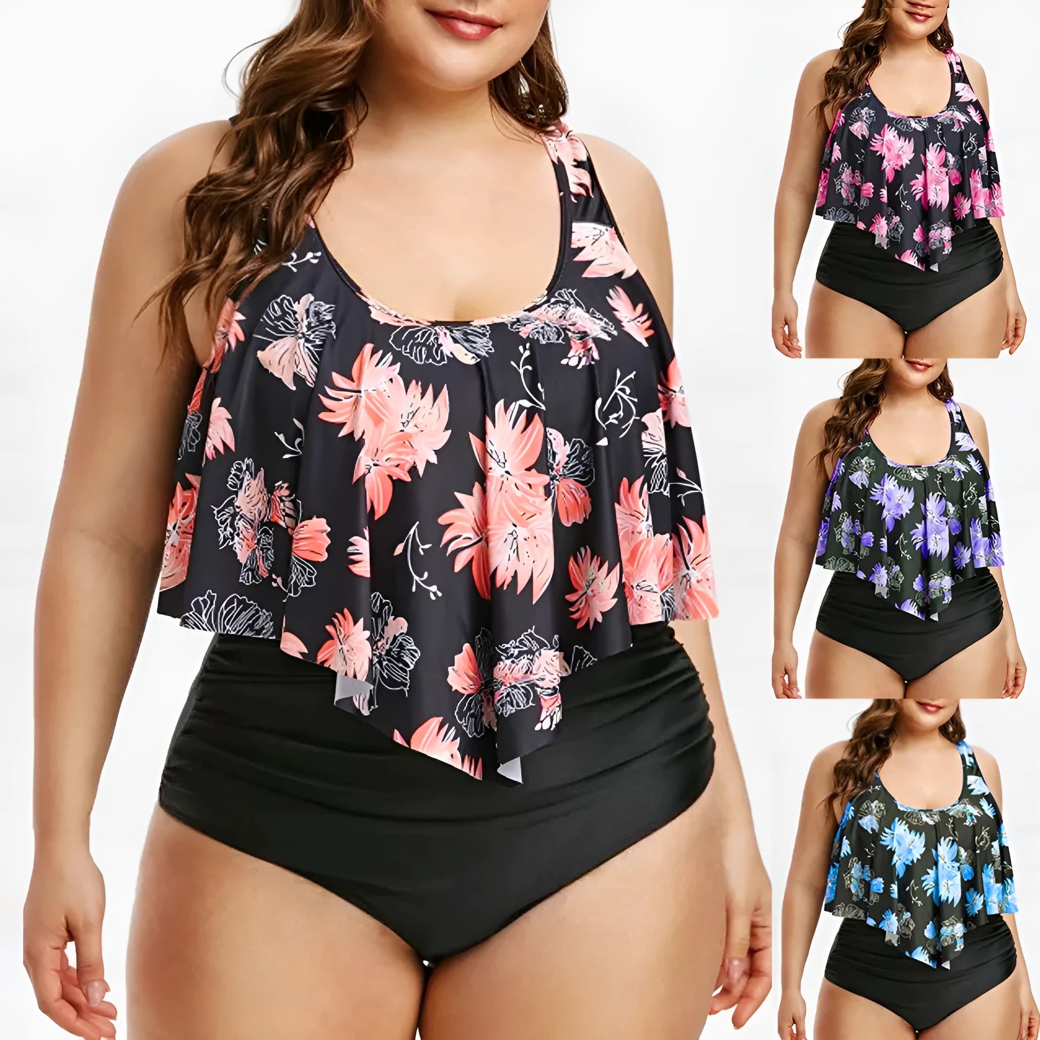 High waist lotus print swimsuit in blue, 80% polyester fabric, sizes XL to 5XL