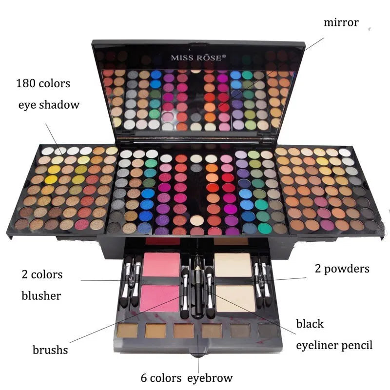 Open piano-shaped makeup palette showing rows of 190 coloured eyeshadow, blush, and powder pans
