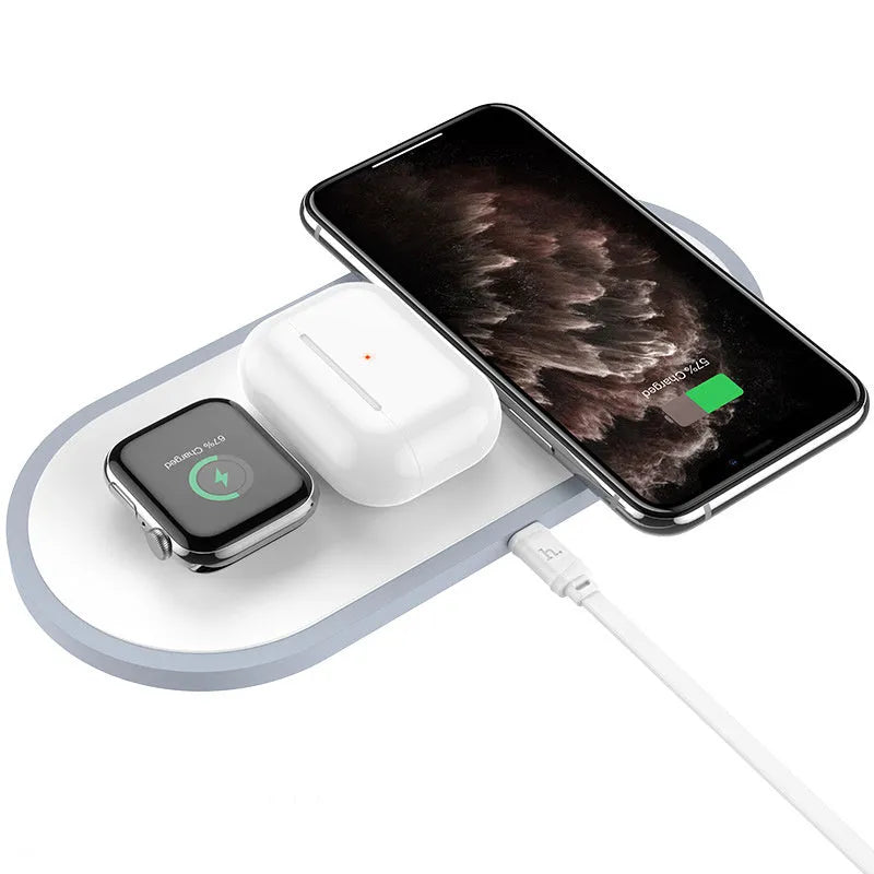 3 in 1 wireless charger in black or white, 21 x 8.5 x 0.8cm, with dual coil pad for iPhone, Apple Watch and AirPods