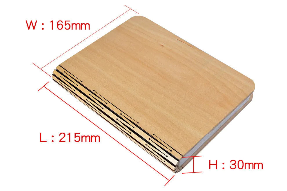 Folding LED book light with wooden cover and DuPont paper, 215x165x30mm, walnut colour, warm white light