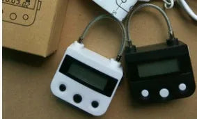 Black bondage timing lock with digital screen and button, USB rechargeable for BDSM restraint use