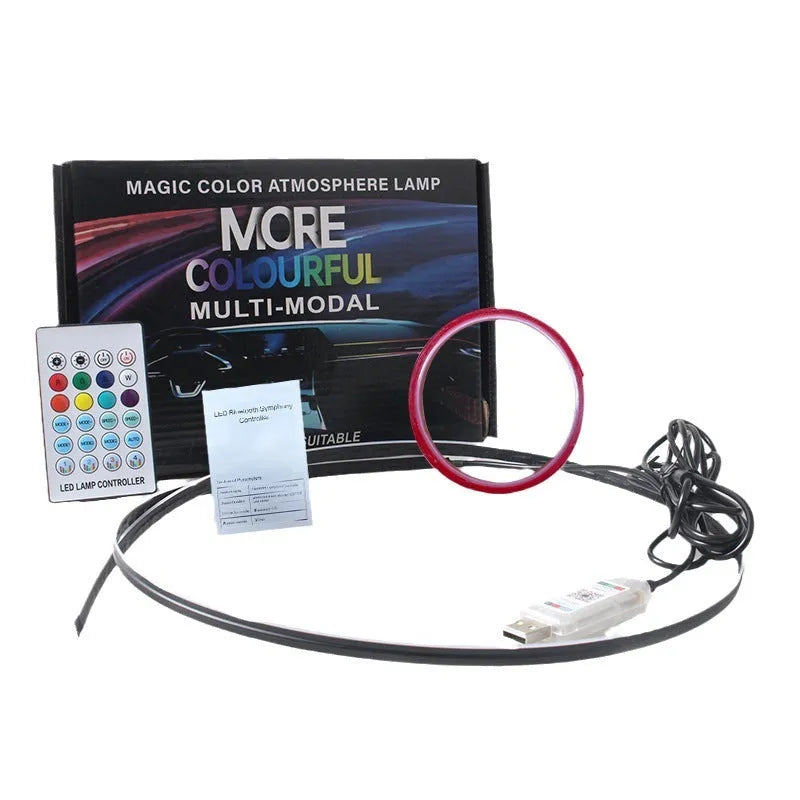 Car interior ambient lighting strip with remote control and USB connection for colour-changing LED effects