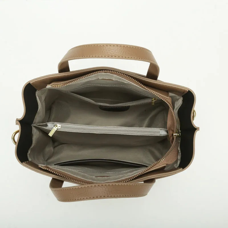 Large capacity multi-compartment soft surface PU tote bag in khaki with sewing thread details and single shoulder strap
