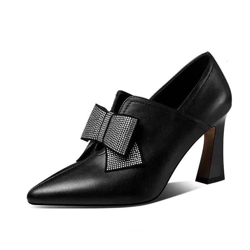 Women's fashion bow boots with rhinestones, chunky heel, pointed toe, black colour, side view