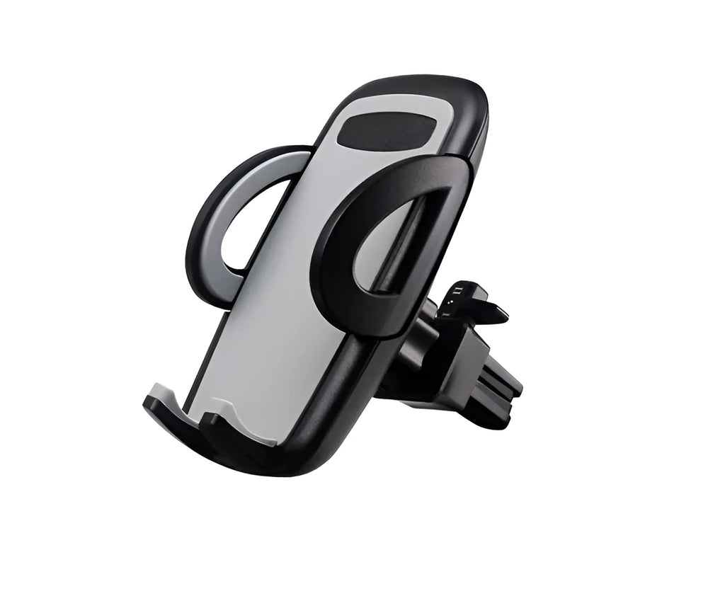 Black plastic universal car phone holder mounted on a car air vent