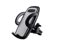 Black plastic universal car phone holder mounted on a car air vent