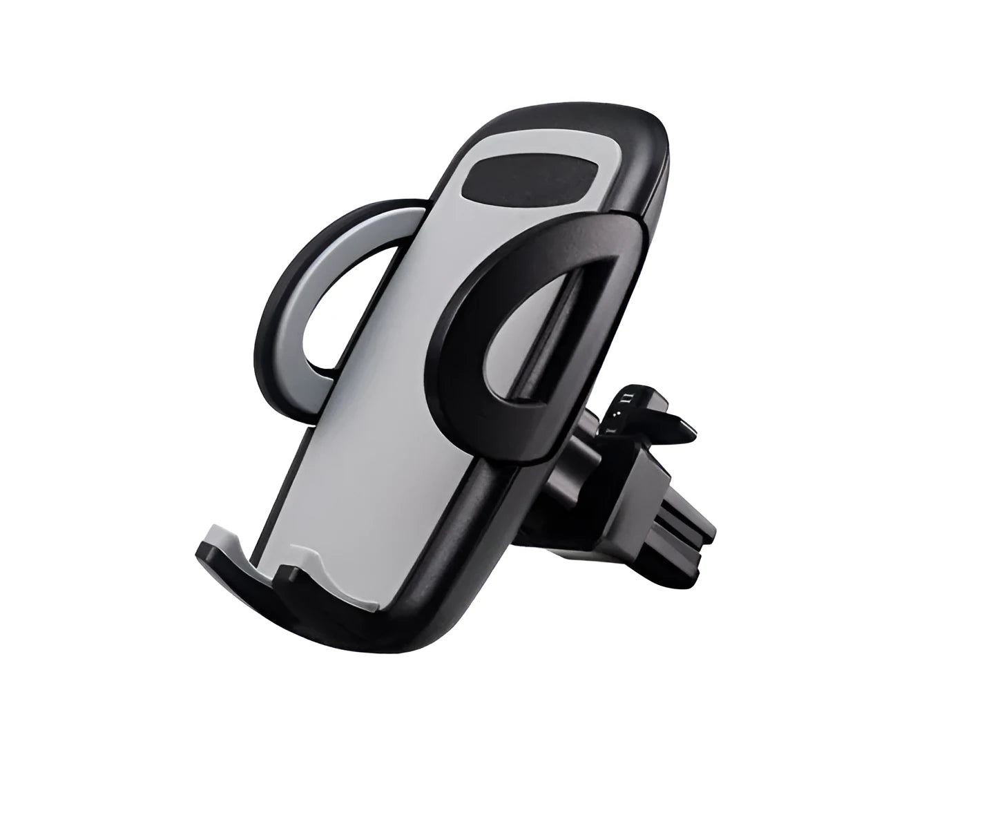 Black plastic universal car phone holder mounted on a car air vent