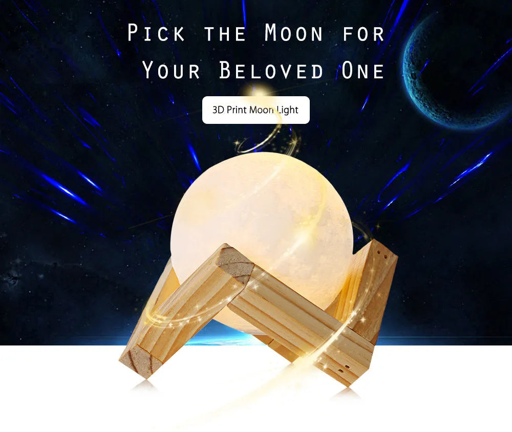 3D printed white moon lamp glowing on a wooden stand, showing detailed lunar craters.