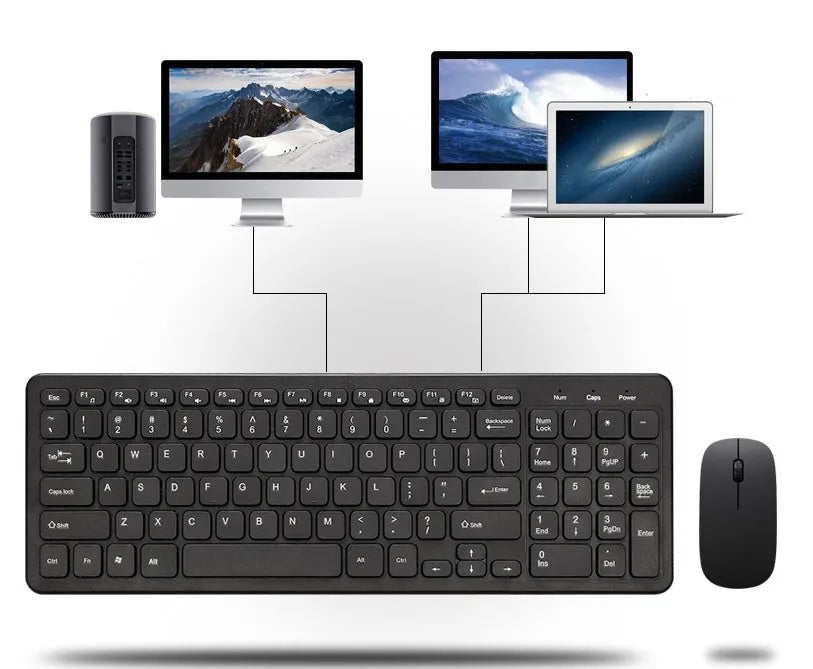 Wireless keyboard and mouse set showing black version with 96-key layout and ergonomic design