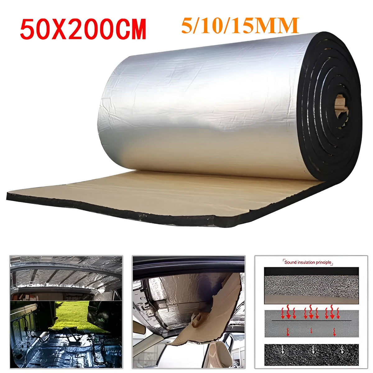 Silver automotive aluminium foil sound insulation mat with polyester fibre core, 50cm x 200cm rectangular shape
