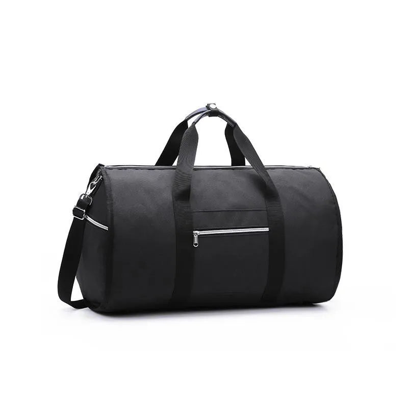 Medium cylinder travel bag in black with zipper pocket, made from waterproof Oxford cloth with 36-55L capacity