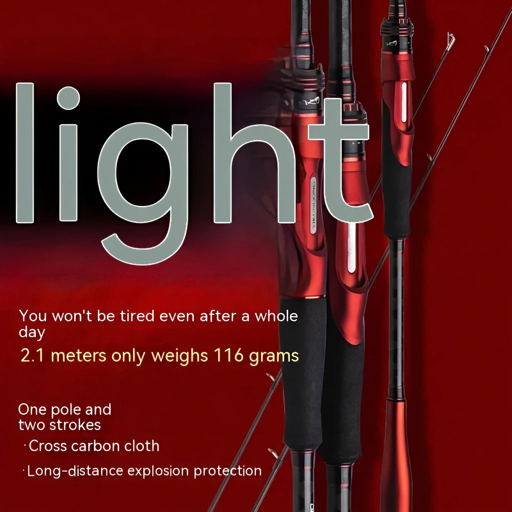 Carbon fishing rod with ultralight cross carbon cloth construction shown in straight handle and pikestaff-style options