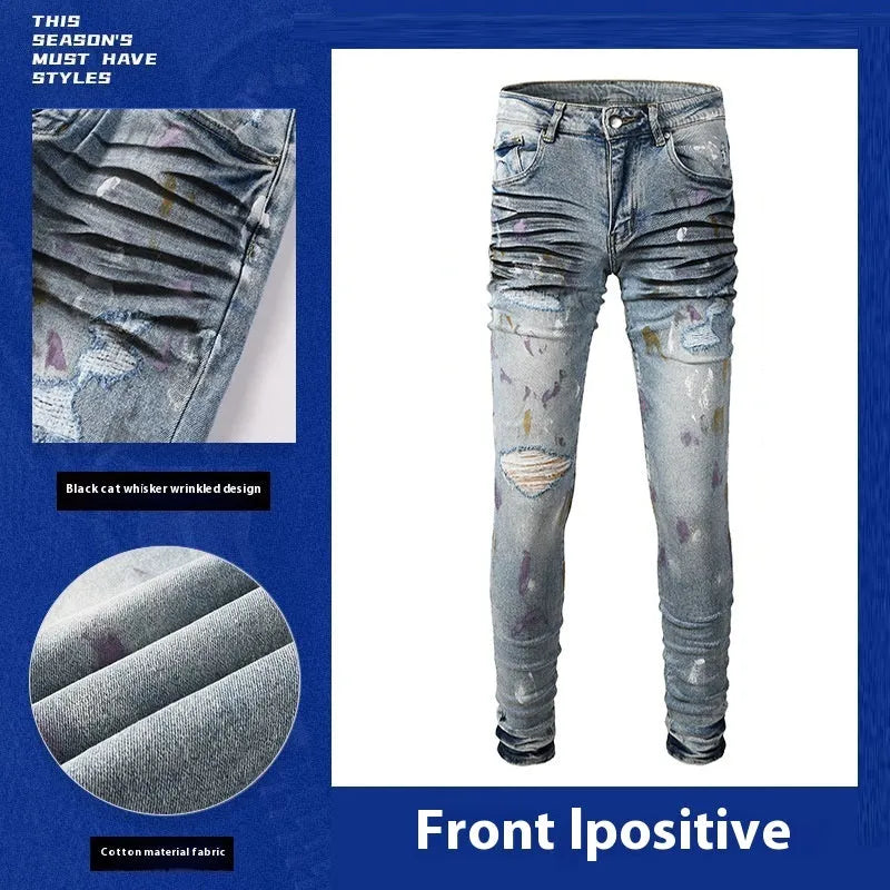Men's slim fit ripped jeans in light blue with tapered cotton denim, zip fly and double layer belt waist
