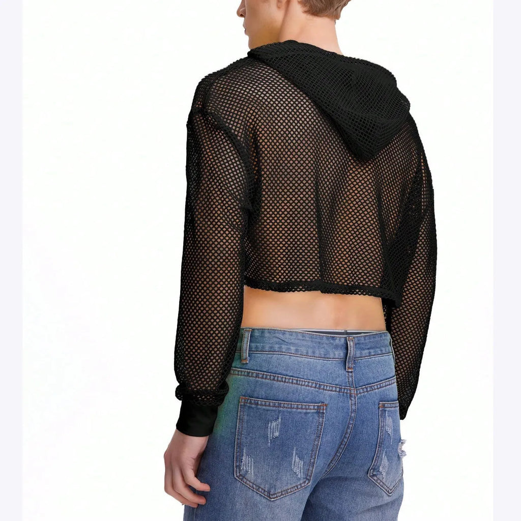 Black men's micro-transparent cutout long sleeve slim fit pullover top, cotton blend, sizes S-XXXL