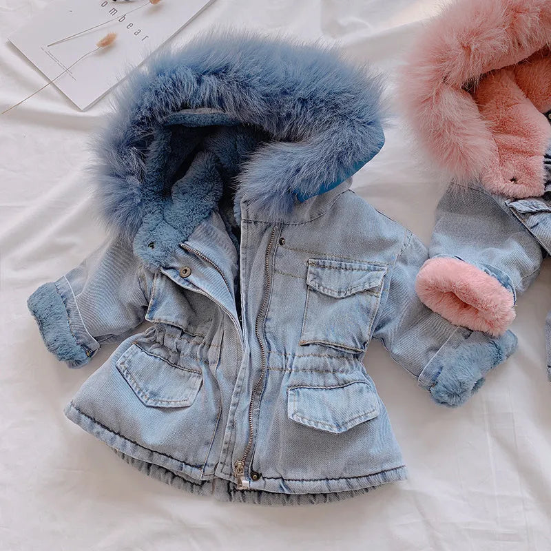 Blue denim coat for a girl with an attached hood and velvet lining.