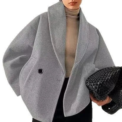 Double-breasted stand collar batwing sleeve solid colour polyester coat for petite, apricot, front view