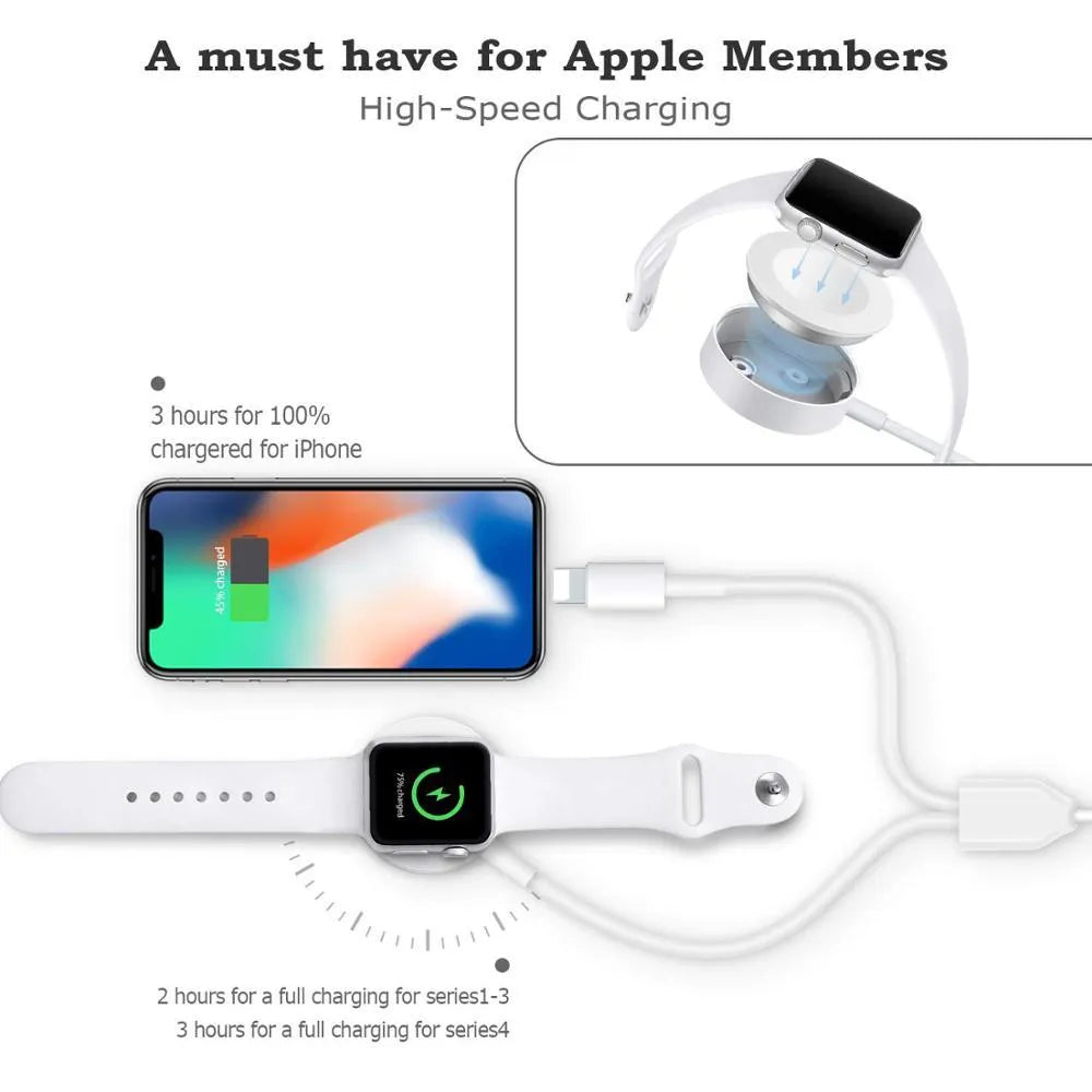 White two-in-one wireless watch charger with USB connection port