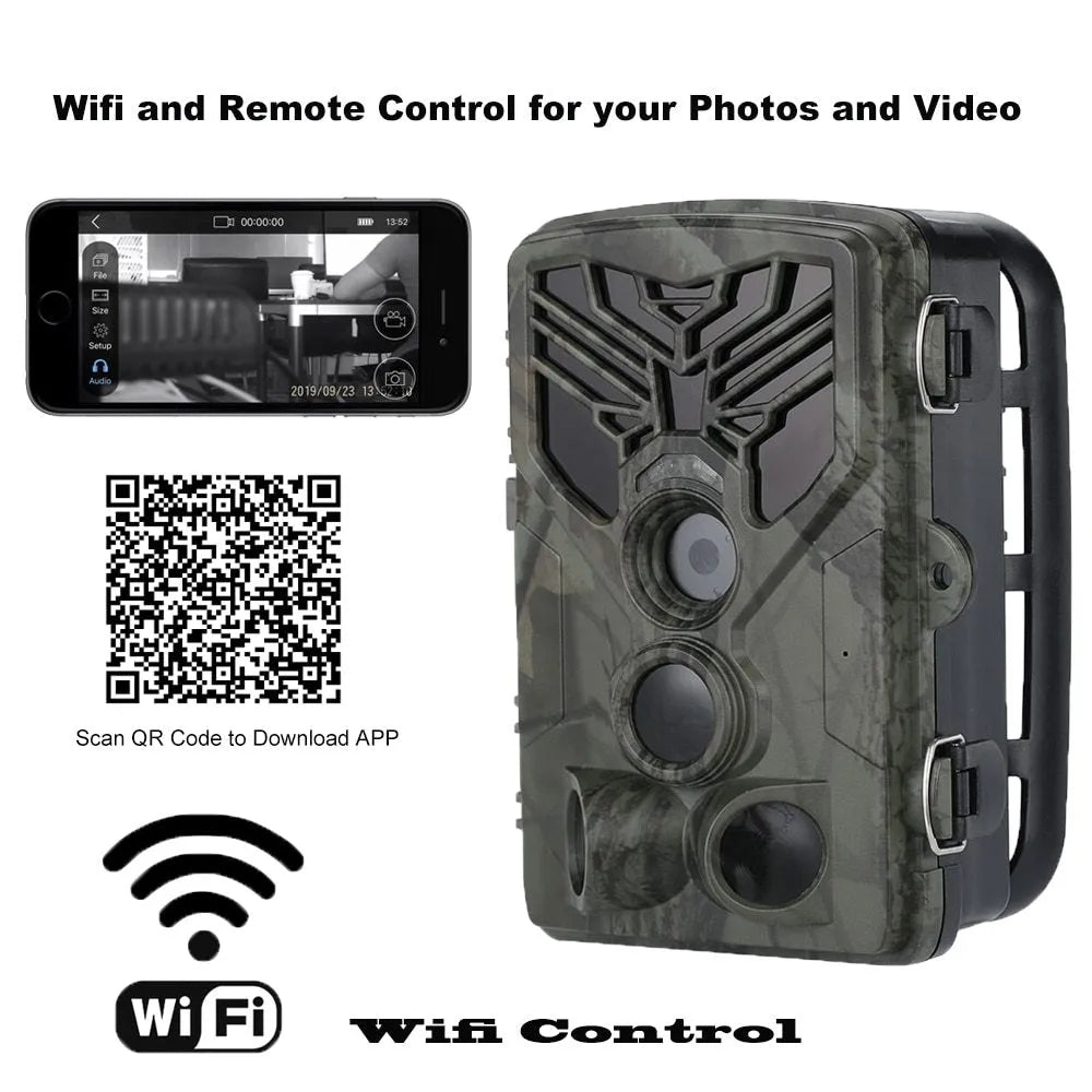 Wifi830 trail camera with camouflage finish, showing lens, IR LEDs, and mounting strap.