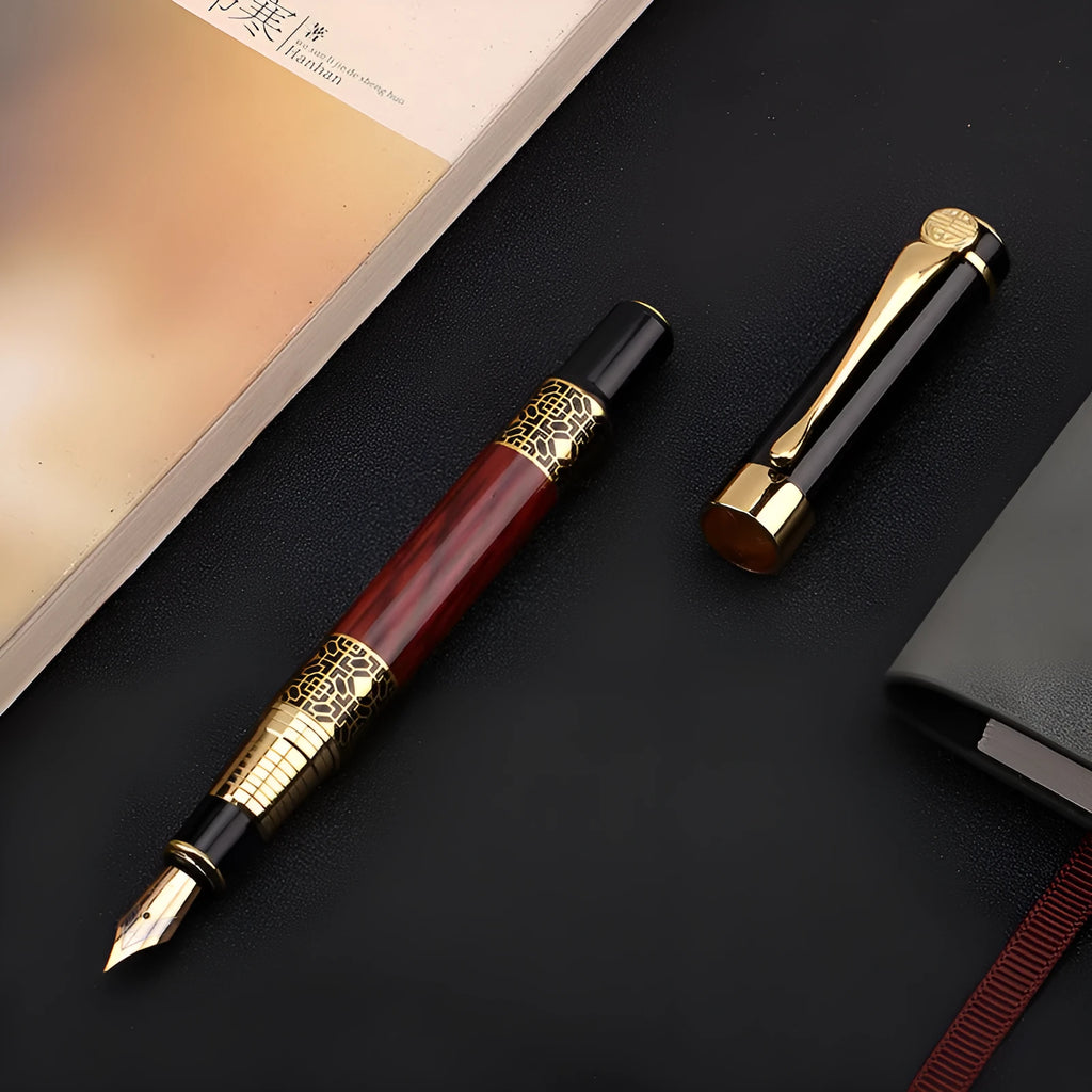 Imitation mahogany metal fountain pen with 0.5mm nib and black ink, wood grain finish