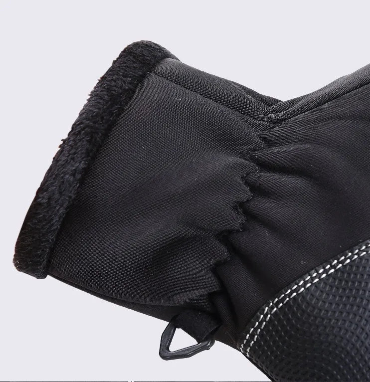 Pair of insulated mittens in black, grey, blue, and pink made from fleece and diving cloth